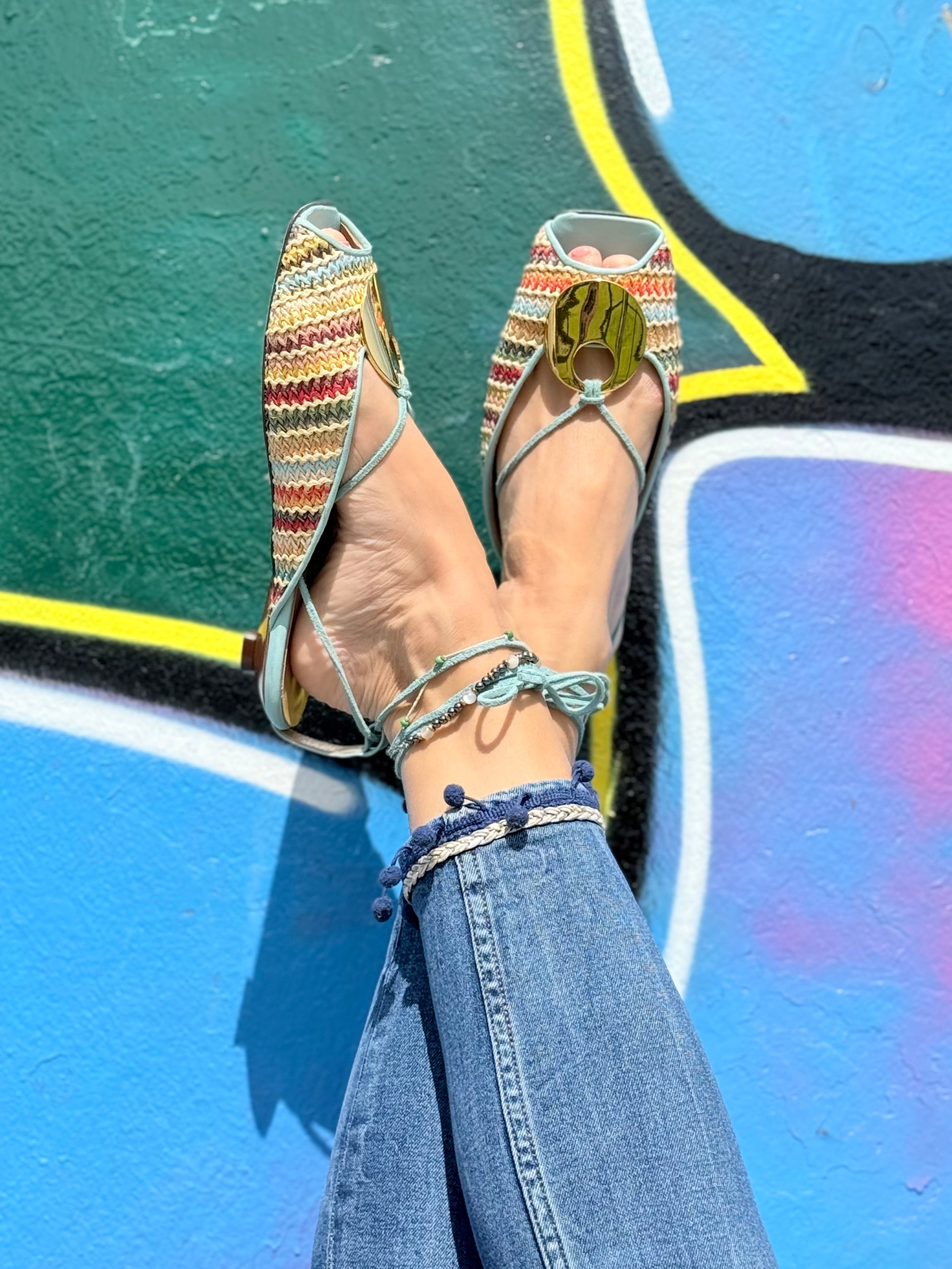 Image of Zina Rafia scarpina in rafia multicolore tacco 2cm artigianale marchigiana